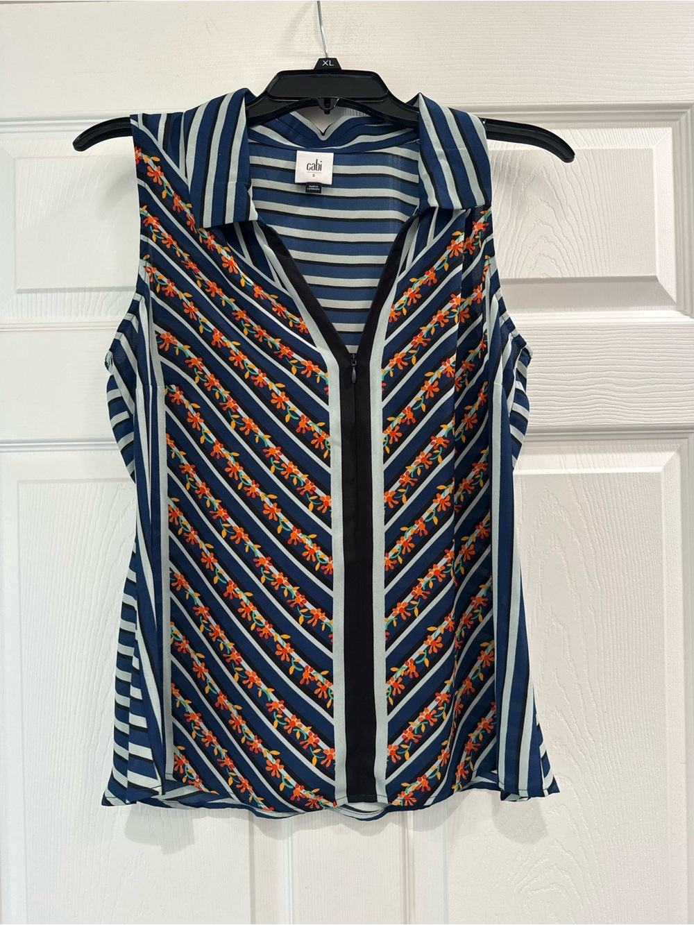 Cabi 6318 Chevron Floral Zip Blue Orange Top Collared Sleeveless small blouse